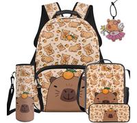 BYCHECAR Zaino per la scuola e il pranzo per bambini per scuola materna elementare ragazzi e ragazze studenti 5PCS, Capibara Arancione Marrone, L, Casual