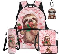 BYCHECAR Zaino per la scuola e il pranzo per bambini per scuola materna elementare ragazzi e ragazze studenti 5PCS, Bradipo Fragola Rosa, L, Casual