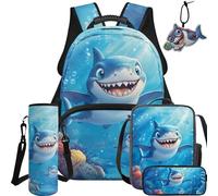 BYCHECAR Zaino per la scuola e il pranzo per bambini per scuola materna elementare ragazzi e ragazze studenti 5PCS, Squalo fresco., L, Casual