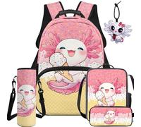 BYCHECAR Zaino per la scuola e il pranzo per bambini per scuola materna elementare ragazzi e ragazze studenti 5PCS, Axolotl Gelato Rosa, L, Casual