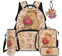 BYCHECAR Zaino per la scuola e il pranzo per bambini per scuola materna elementare ragazzi e ragazze studenti 5PCS, Capibara Anguria Marrone, L, Casual
