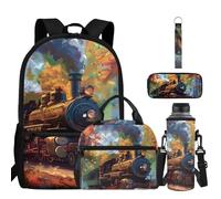 BYCHECAR Zaino per la scuola ragazzi ragazze zaino 5 pezzi set 43,2 cm borsa per bambini con scomparti borsa scuola elementare, Treno Estetico, One Size, Zaino daypack