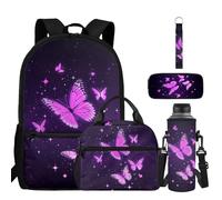BYCHECAR Zaino per la scuola ragazzi ragazze zaino 5 pezzi set 43,2 cm borsa per bambini con scomparti borsa scuola elementare, Farfalle viola., One Size, Zaino daypack