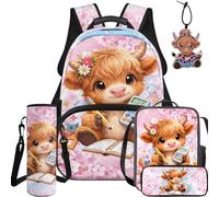 BYCHECAR Zaino scolastico per ragazze con mucca delle Highland estetico rosa con scatola per il pranzo scatola per matite bottiglia d'acqua ciondolo in pelle fiore rosa 5 pezzi grande capacità borsa
