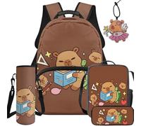 BYCHECAR Zaino scolastico per ragazze elementari Capybara con contenitore per il pranzo da 43 cm di grande capacità zaino per bambini per la scuola con astuccio per bottiglia d'acqua manica ciondolo
