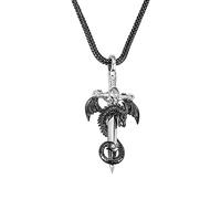 BYFDIY Collana con spada di drago, ciondolo a forma di drago cool per uomo, in rame, punk con ala di drago, spada argentata e ciondolo a croce con drago nero, collana con pietra natale per ragazzi