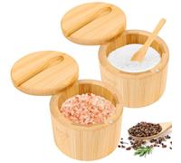 Byffoer 2 contenitori per sale in bambù, 6 oz con coperchio magnetico girevole e cucchiaio, contenitore rotondo per la conservazione di sale, spezie, pepe, erbe