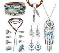 Byfoyif 14 Pezzi Set di Gioielli Turchesi Bohemien per Donne, Collana Turchese con Ciondolo Vintage, Orecchini e Anelli con Perline Turchesi Stile Boho, Bracciale Turchese e Pelle Occidentale a Strati