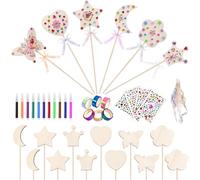 Byfoyif 18 Pezzi Bacchette Magiche Fai da Te, Bacchette Magiche in Legno, Kit Bacchetta Magica DIY a 6 Disegni, Principessa Bacchette Magiche in Legno da Colorare con Nastri, Desivi, Cinta Adesiva