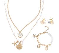 Byfoyif Set di Gioielli da Donna con Conchiglia Collana con Ciondolo + Braccialetto con Conchiglie + Orecchini con Conchiglie e Stelle Marine, Collana con Ciondolo Bohémien per Costumi da Festa Estiva