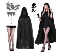 Byhsoep 5PCS Mantello con Cappuccio Velluto, Mantelli Neri con Cappuccio, con Maschera, Catena ad Anello Gotica, Calze e Rose, 170cm Neri Mantello Raso con Cappuccio, per Carnevale, Halloween