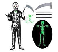 Byhsoep Costume Scheletro Bambino con Falce Della Morte,Vestito Scheletro Bambino Luminoso Grim Reaper,Costume da Scheletro Fosforescente per Gioco di Ruolo Party 8-12 Anni (S（8-10 YRS）)
