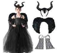 Byhsoep Maleficent Costume da Bambina per Carnevale con Corna e Maniche a Piuma per Carnevale Halloween Cosplay (Schwarz-L)