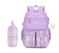 Byitin 2pcs Zaino Elementari Bambina per Elementare e Media Ragazza, con Astuccio, Zaino Impermeabile e Elegante con Fiocco a Contrasto per Scuola da Viaggio Weekend, Zaini Bambine Ergonomico, Viola