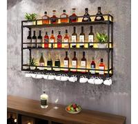 BYJSJY Portabottiglie Da Parete A 3 Ripiani,Porta Bottiglie Di Vino Con Supporto In Vetro E Portabicchieri,Organizer Per Riporre Il Vino,Nero(31.5in(80cm))