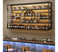 BYJSJY Portabottiglie Da Parete Con Portabicchieri da vino,Scaffale Per Vini In Ferro,Espositore In Ferro Per Vini E Calici,Scaffale Galleggiante Per Vino E Champagne,Per Bar Cantine(Black,200x20x130c