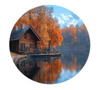 BYLEEHOMED Autunno Foresta di Aranci Tappeti Rotondi 120 cm Rustico Autunno Cottagecore Lago Cabina Natura Paesaggio Antiscivolo Cerchio Tappeto per Patio Arredamento Corridoio