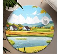 BYLEEHOMED Cartoon Circle Tappeto 180 cm Campagna Verde Pascoli Lago Stampa Facile Manutenzione Pile Basso Soggiorno Pranzo Tappetino Rotondo Interno Antiscivolo Design