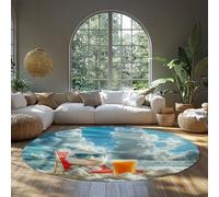BYLEEHOMED Cartoon Cloud Vacanza Tappeto Rotondo 120 cm Spiaggia Lounge Chair e Oceano Cielo Stampa Colore Chiaro Morbido Cerchio A Pile Basso tappeto per Resort Hotel