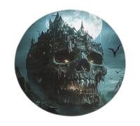 BYLEEHOMED Castello del teschio stregato Tappeti rotondi spettrali castello gotico antimacchia Tappeto vintage di Halloween resistente alle macchie per l'ingresso camera da letto cucina 90x90cm