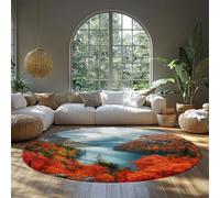 BYLEEHOMED Dreamy Misty Forest Circle Tappeto 180 cm Autunno Rosso Foglie d'Acero e Lago Design Tappeto Rotondo Antiscivolo per Reading Nook Living Room