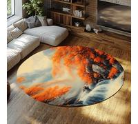 BYLEEHOMED Inchiostro Cinese Paesaggio Tappeto Rotondo 150 cm Antiscivolo Lavabile in Lavatrice Autunno Scena di Montagna Morbido Tappeto Circolare a Vello Basso per l'Arredamento dell'Area Giochi