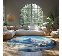BYLEEHOMED Inverno Lago Paesaggio Cerchio Tappeto 120 cm Montagne Foresta Innevata Cottage Destinazione di Vacanza Lavabile Cerchio tappeto per Arredamento Comodino
