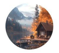 BYLEEHOMED Rustic Cabin Tappeti rotondi antiscivolo 60 cm Autunno Foresta Lago Natura Paesaggio Agriturismo Morbido tappeto a cerchio a pelo corto per comodino da cucina