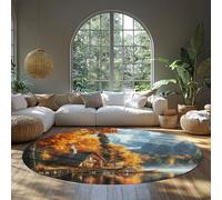 BYLEEHOMED Rustico Cabina Rotondo Tappeto 60 cm Autunno Foresta Lago Paese Divertente Paesaggio Naturale Morbido Tappeto Antiscivolo Cerchio per Ingresso Comodino