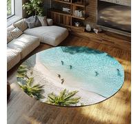 BYLEEHOMED Tappeti circolari per alberi di cocco sul mare 150 cm Paesaggio moderno per la fuga dall'isola Lavabile Grande tappeto rotondo per soggiorno Pieghevole ultrasottile