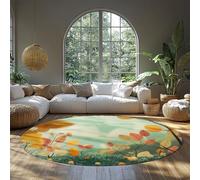 BYLEEHOMED Tappeti rotondi lavabili floreali Boho 60 cm Tappeto circolare con foglie di piante gialle per soggiorno Decorazioni per pavimenti sotto il tavolo antiscivolo morbide e sottili
