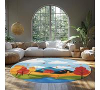 BYLEEHOMED Tappeto lavabile Cartoon Living Room Circle Area 180 cm Foglie autunnali e motivo lago tappeto rotondo autunnale per sala da pranzo