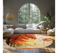 BYLEEHOMED Tappeto rotondo antiscivolo per soggiorno Rosso arancione foglie d'acero sentiero forestale Rustico Farmhouse Circle Tappeto per il Ringraziamento autunnale 90 cm