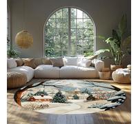 BYLEEHOMED Tappeto rotondo innevato, 120 cm, stile cartone animato, stampa nordica piccola città, tappeto circolare lavabile antiscivolo per la decorazione del comodino del soggiorno