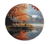 BYLEEHOMED Tappeto rotondo per la casa autunnale 180 cm Tappetino antiscivolo per paesaggio autunnale rustico Tappetino circolare antiscivolo con stampa cottage sul lago per sedia a dondolo
