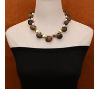 BYLSAGWHT 18" Cultured White Pearl Rare Brown Marine Stone Of Sea Shell Gems Brushed Beads Chokers Necklace