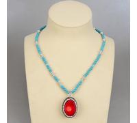 BYLSAGWHT Blue Four Seasons Chocker Necklace Red Coral Paved Pendant 18" Ethnic Tibet Style For Women