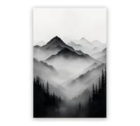 BYLSAGWHT Watercolor Style Mountain Canvas Painting, Elegant Black and White Layered Landscape, Tranquil Morning Fog Scene, Modern Artistic Print for Home Decoration(Unframed,12x18inch(30x45cm))