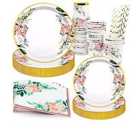 Bymivofun 125 Pezzi Stoviglie di Compleanno con Fiori, per 25 Ospiti, Forniture per Feste in Carta di Compleanno Floreali, per Decorazioni per Feste a Tema per Feste a Tema per Ragazze dei Bambini