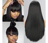 BYRON Parrucca lunga e liscia con frangia parrucche nere naturali per le donne alla moda capelli Remy lisci setosi da indossare e andare parrucca senza colla parrucche sintetiche fatte a macchina
