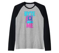 Byte Me Retro 80s Computer Rosa Blu Maglia con Maniche Raglan
