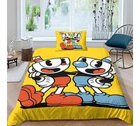 BYTUGI Set Copripiumino Cuphead 3D Stampato Set Biancheria Da Letto Set Copripiumino in Microfibra Morbida Con Nascosta Chiusura A Cerniera E Federe Cuscino Single（135x200cm）