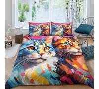 BYTUGI Set di biancheria da letto con stampa 3D di gatti colorati, copripiumino e federe, in microfibra, 3 pezzi, per bambini e adulti, con chiusura a cerniera, per letto matrimoniale (173 x 218 cm)