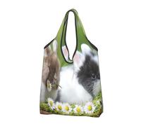 BYwenhopnbs Borsa tote pieghevole con due simpatici coniglietti, impermeabile, riutilizzabile, ideale per la spesa e i viaggi.