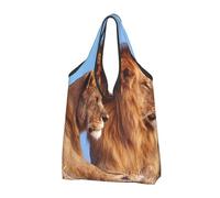 BYwenhopnbs Borsa tote pieghevole con stampa di due leoni, impermeabile, riutilizzabile, ideale per la spesa e i viaggi.