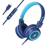 Bywulanda Cuffie per Bambini con Luci a LED per la Scuola e Viaggi - USB Tipo C con Microfono, Limite di Volume 85/94dB, per Ragazzi/Ragazze/Tablet - Blu