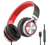 Bywulanda Cuffie USB C con microfono e controllo del volume, cuffie stereo over-ear per iPhone 15 16 Pro, cuffie pieghevoli cablate per smartphone, Chromebook, laptop, Tablet, Viaggi (Nero/Rosso)