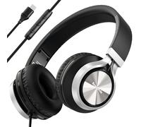 Bywulanda Cuffie USB C con microfono e controllo del volume, cuffie stereo over-ear per iPhone 15 16 Pro, cuffie pieghevoli cablate per smartphone, Chromebook, laptop, tablet, da viaggio (nero/grigio)