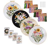 BYZESTY 4 Pezzi Ricamo Starter Kit, Kit per Ricamo con Motivo e Istruzioni, Ricamo Starter Kit Set da Punto Croce, Set da Ricamo per Principianti, Adulti e Bambini, Ricamato con Motivo a Floreale