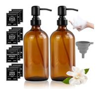BZUEPRS Set de 2 pièces de distributeur de savon en verre, bouteille à pompe 500ml marron avec 1 fourchette en silicone, 12 étiquettes, distributeur à pompe en acier inoxydable pour savon liquide